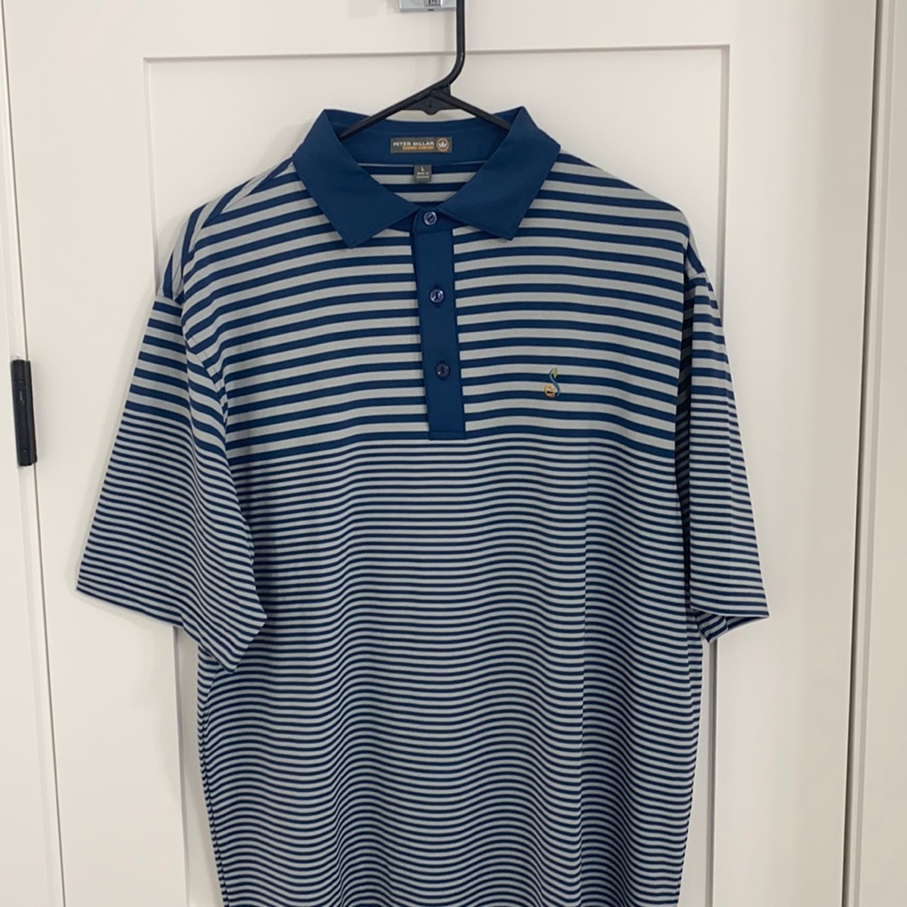 Blue and grey striped Peter Millar golf shirt